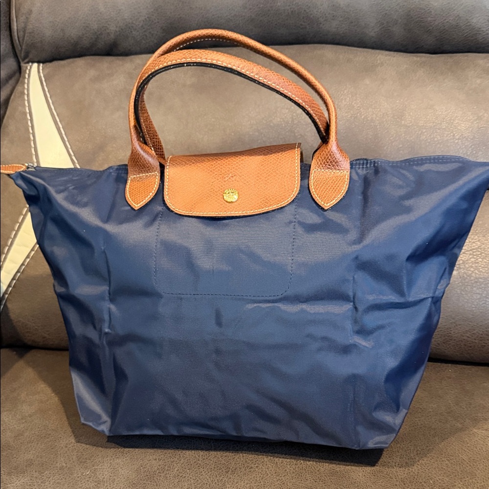 Longchamp Blue Tote with Brown Handles